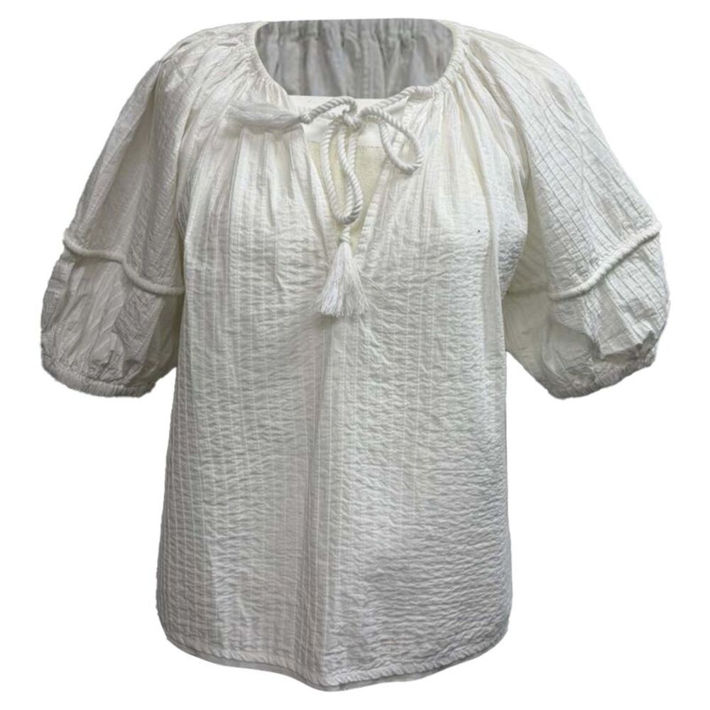 Ulla Johnson Tie-Front Puffed-Sleeve Blouse in White Cotton